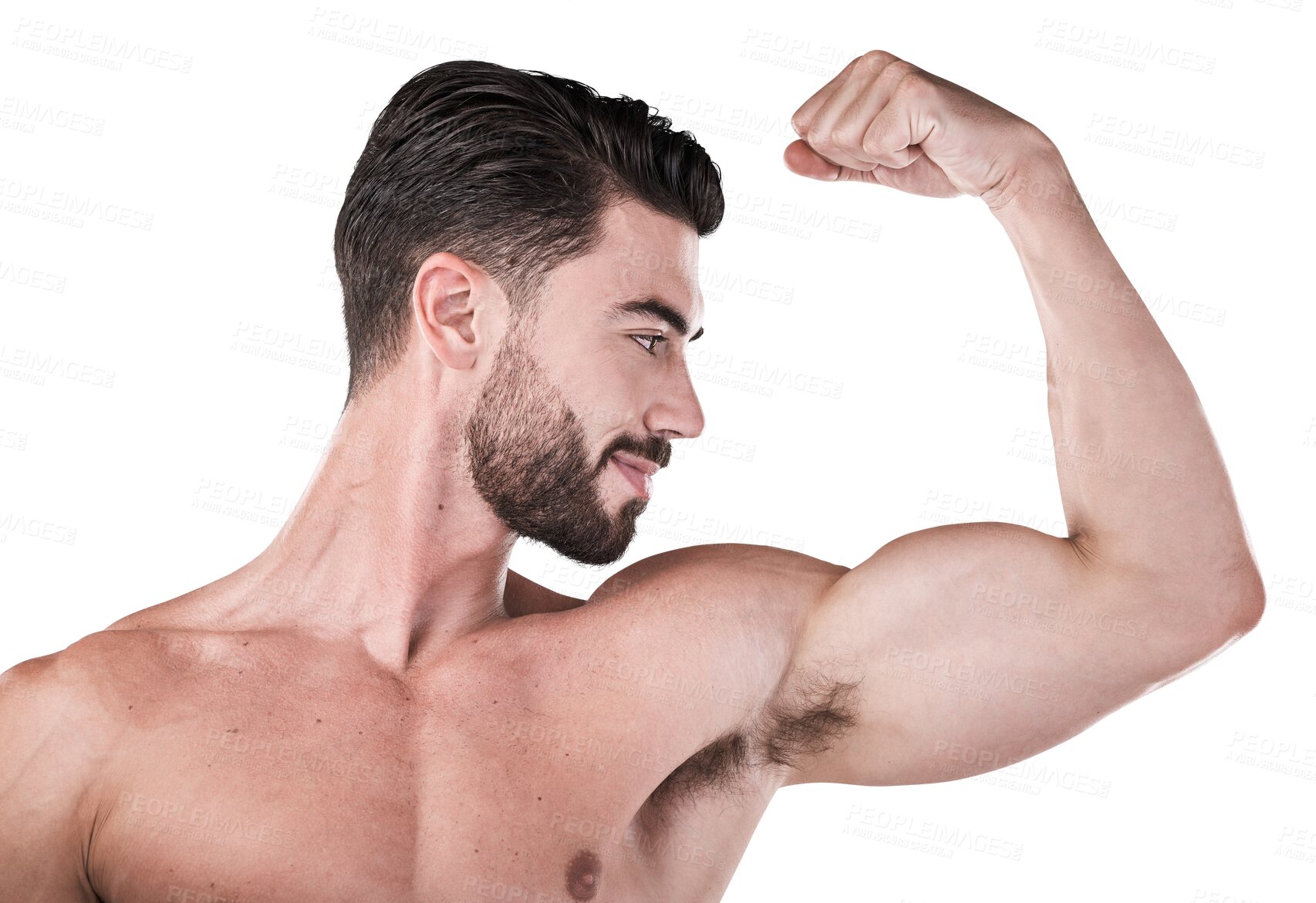 Buy stock photo Arm flex, strong man and fitness profile isolated on transparent, png background for health or workout progress. body builder, power and wellness of sports person with exercise and training goals