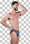 Man, underwear and with muscle body and healthy, wellness  and lifestyle isolated in a studio gray background. Training, exercise and fitness male promote a brand of masculine undies as an athlete