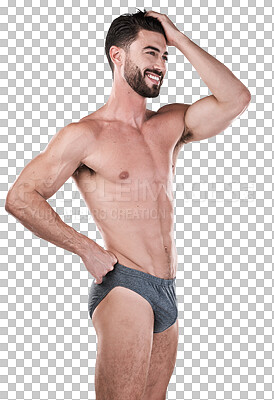 Buy stock photo Thinking, underwear and man with health, muscle body and wellness isolated against a transparent background. Training, model and male person with fitness, png and promote with undies, sexy and smile