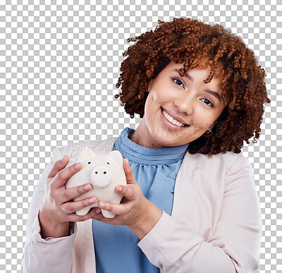 Buy stock photo Piggy bank, financial portrait and woman isolated on transparent, png background for savings or investment. African business person for budget, finance management and money safe, banking or security