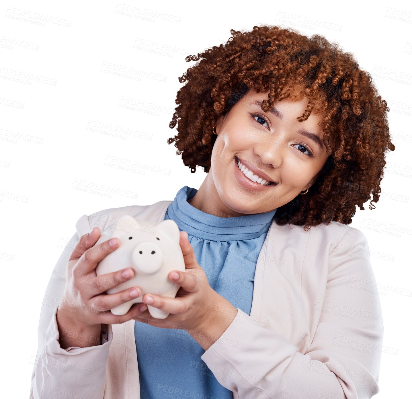 Buy stock photo Piggy bank, financial portrait and woman isolated on transparent, png background for savings or investment. African business person for budget, finance management and money safe, banking or security