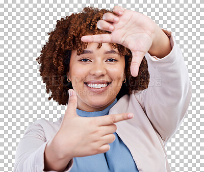 Buy stock photo Frame hands, smile and portrait of a woman with a selfie, memory or photo. Happy, corporate and a female employee framing for a picture or photography isolated on a transparent png background