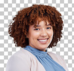 Happy woman, face and portrait smile with afro in confidence for career ambition or style. Confident female person with curly hair, teeth and stylish fashion isolated on a transparent PNG background