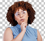 Corporate woman, thinking face with dream and inspiration, future and business isolated on png transparent background. Professional ideas, vision and female employee with career mindset and goals