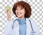 Medical, doctor and diet with woman and apple on png for wellness, nutrition and health. Medicine, healthcare and food with person and fruit isolated on transparent background for vegan and detox