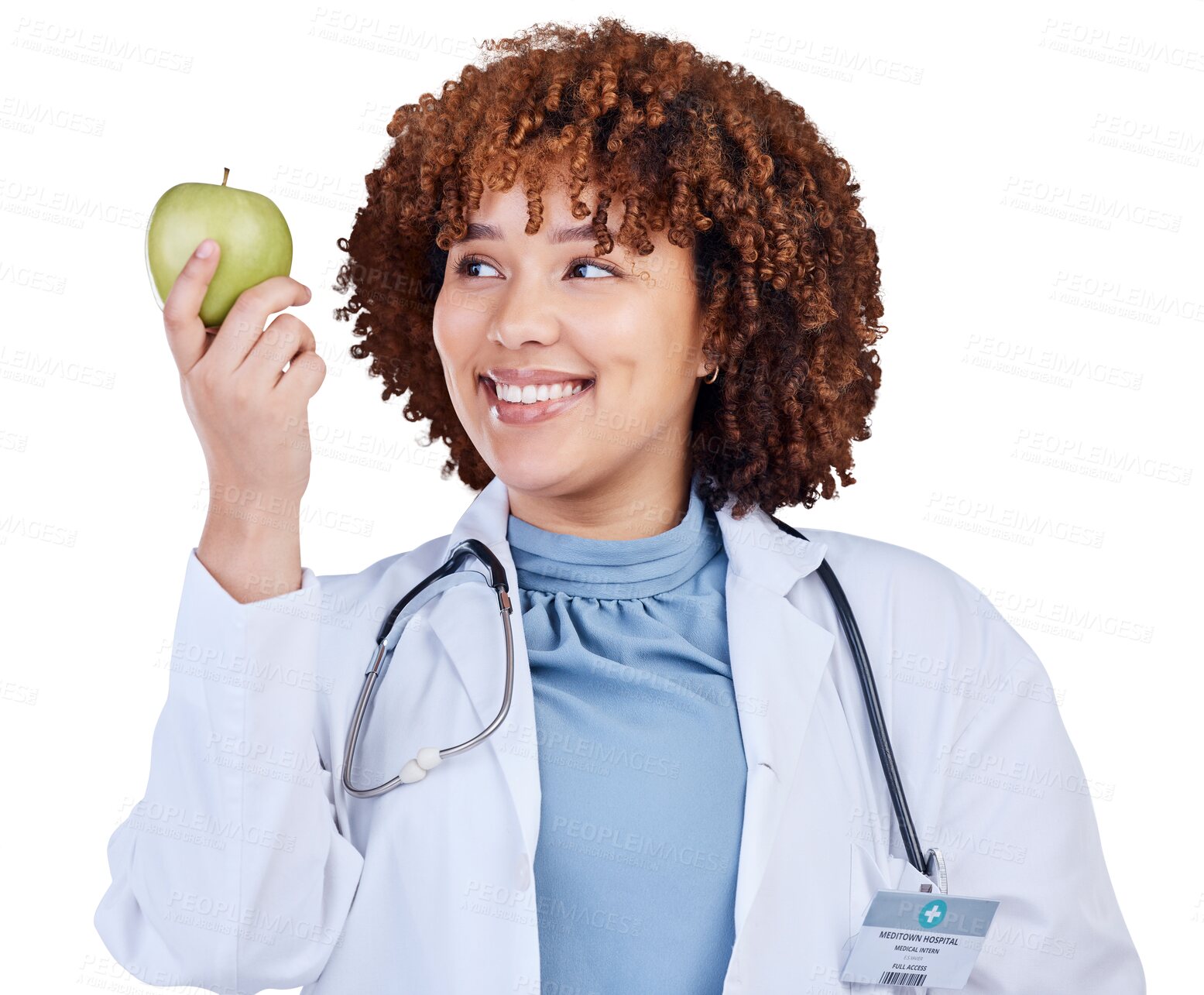 Buy stock photo Medical, doctor and diet with woman and apple on png for wellness, nutrition and health. Medicine, healthcare and food with person and fruit isolated on transparent background for vegan and detox