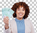 Fan, money and woman portrait isolated on a white background for