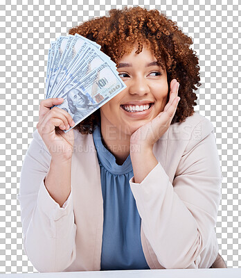 Buy stock photo Cash, thinking and business woman or winner with bonus prize, financial success and winning, finance loan or ideas. African person with money and happy profit isolated on transparent, png background