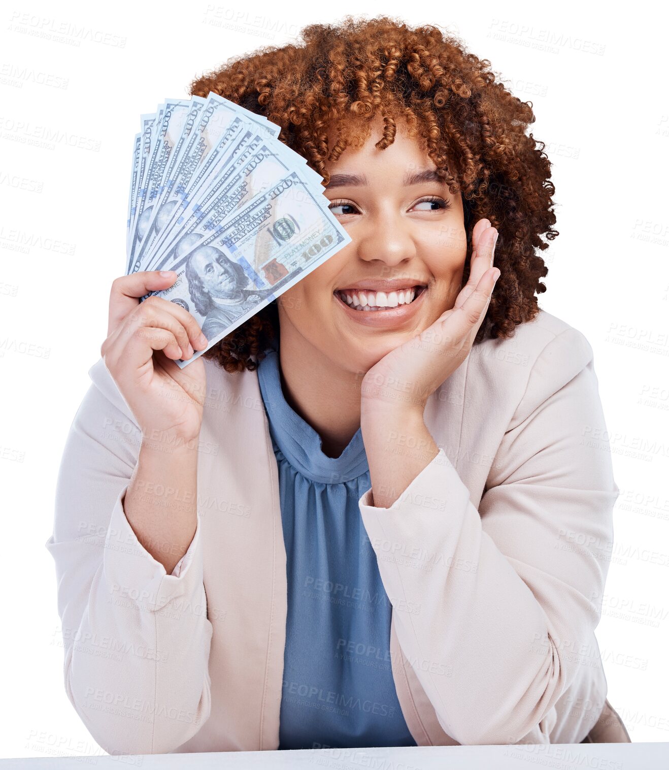 Buy stock photo Cash, thinking and business woman or winner with bonus prize, financial success and winning, finance loan or ideas. African person with money and happy profit isolated on transparent, png background