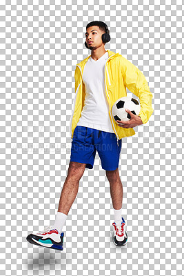 Buy stock photo Isolated young man, soccer ball and headphones with thinking, sports and music by transparent png background. Football player, focus and listening with audio streaming service, mindset and walking