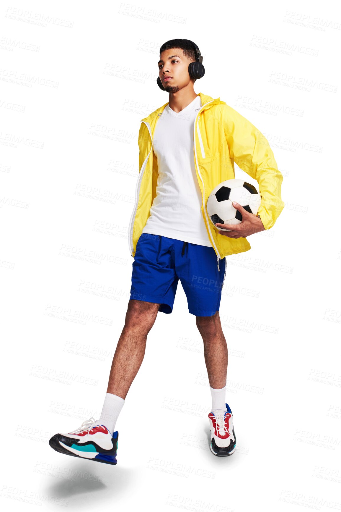 Buy stock photo Isolated young man, soccer ball and headphones with thinking, sports and music by transparent png background. Football player, focus and listening with audio streaming service, mindset and walking