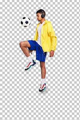 Buy stock photo Isolated young man, kicking soccer ball and headphones with music by transparent png background. Young football player, juggle and listening with audio tech for streaming service, fitness and sports