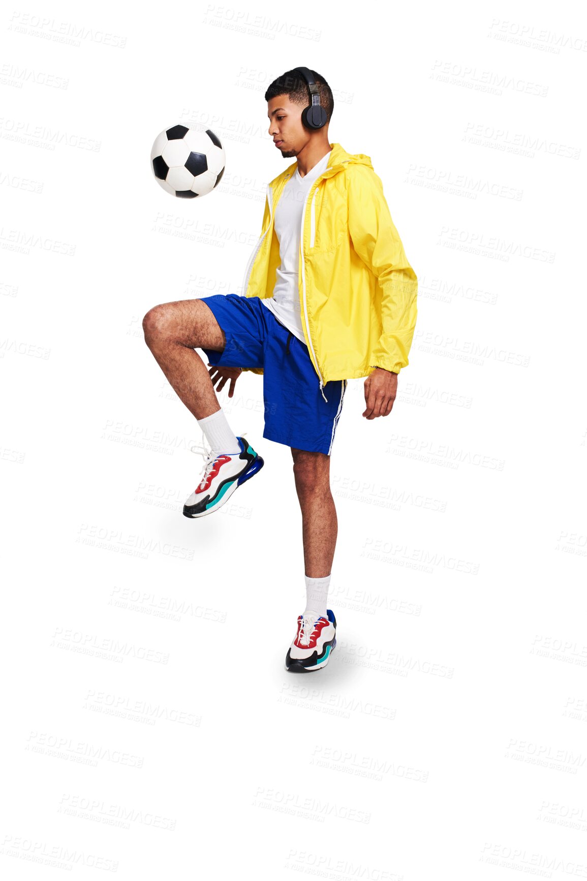 Buy stock photo Isolated young man, kicking soccer ball and headphones with music by transparent png background. Young football player, juggle and listening with audio tech for streaming service, fitness and sports