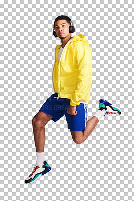 Buy stock photo Isolated man, jump and headphones for portrait, music and training for health by transparent png background. Young gen z runner, air and audio tech for streaming subscription, exercise and fitness