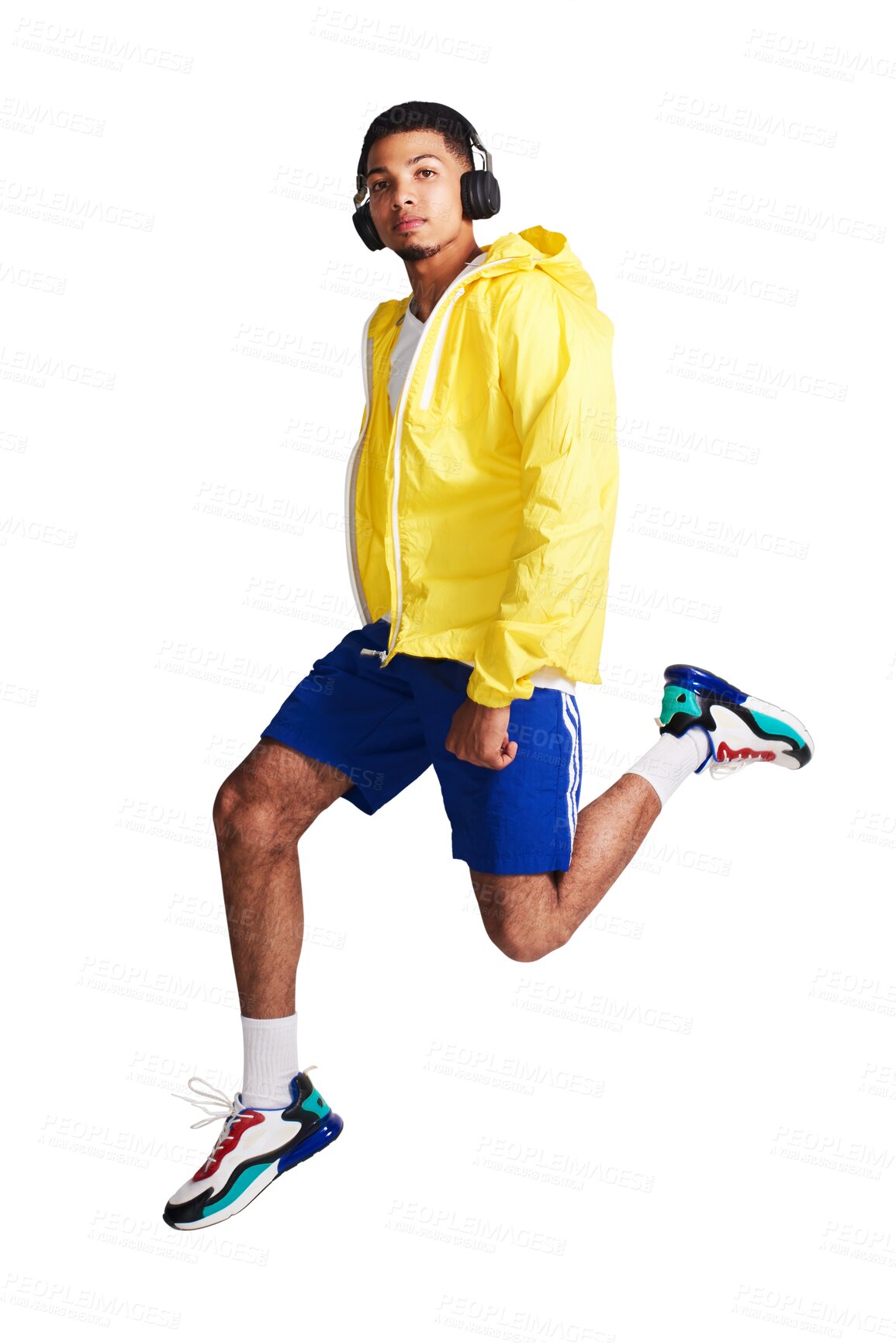 Buy stock photo Isolated man, jump and headphones for portrait, music and training for health by transparent png background. Young gen z runner, air and audio tech for streaming subscription, exercise and fitness