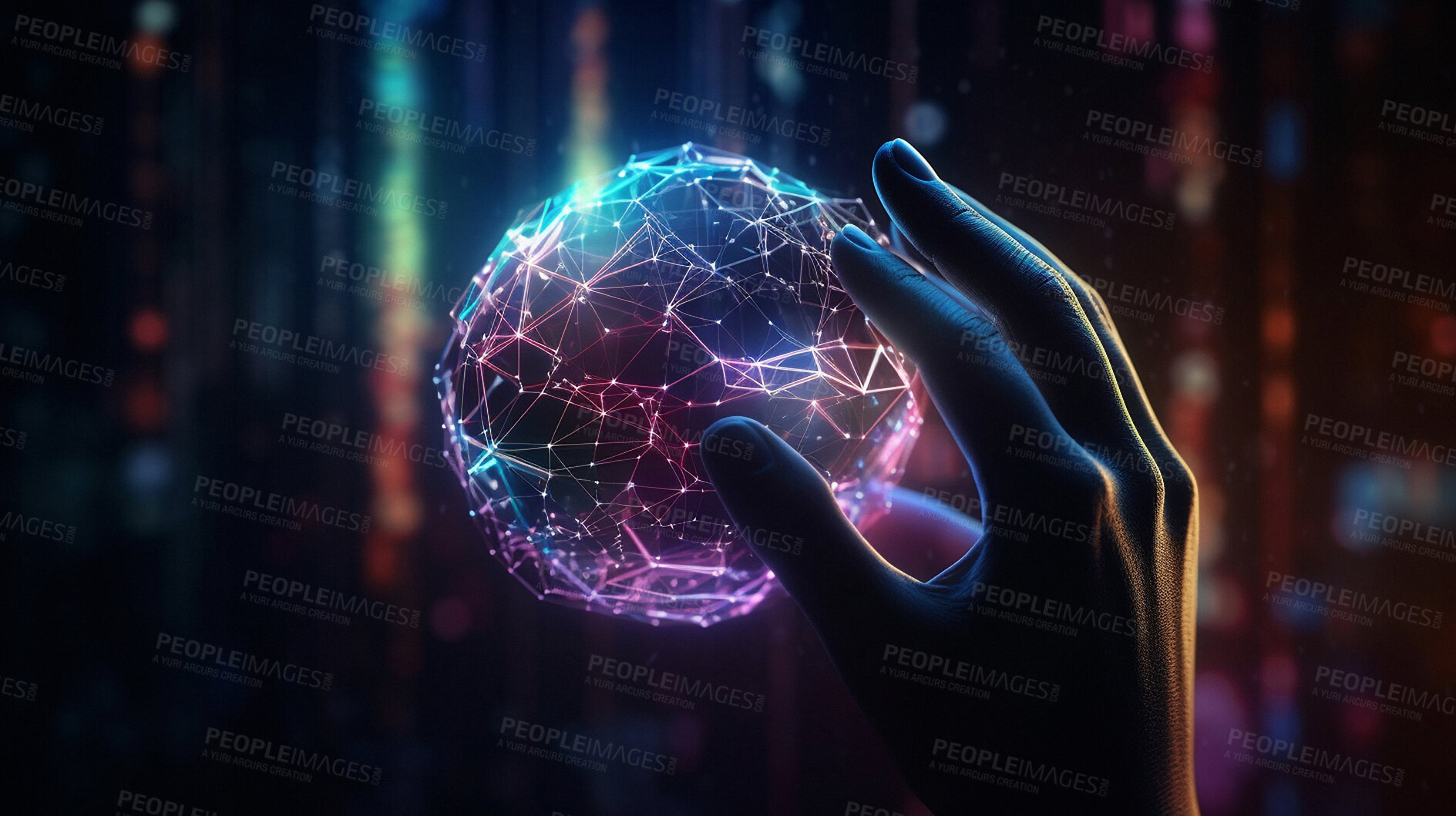 Buy stock photo Person, hand and touching abstract globe in ai generated closeup, network and digital transformation