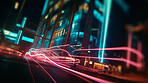 Long exposure, transport or creative lights at night in ai generated travel in futuristic smart city