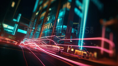 Long exposure, transport or creative lights at night in ai generated travel in futuristic smart city