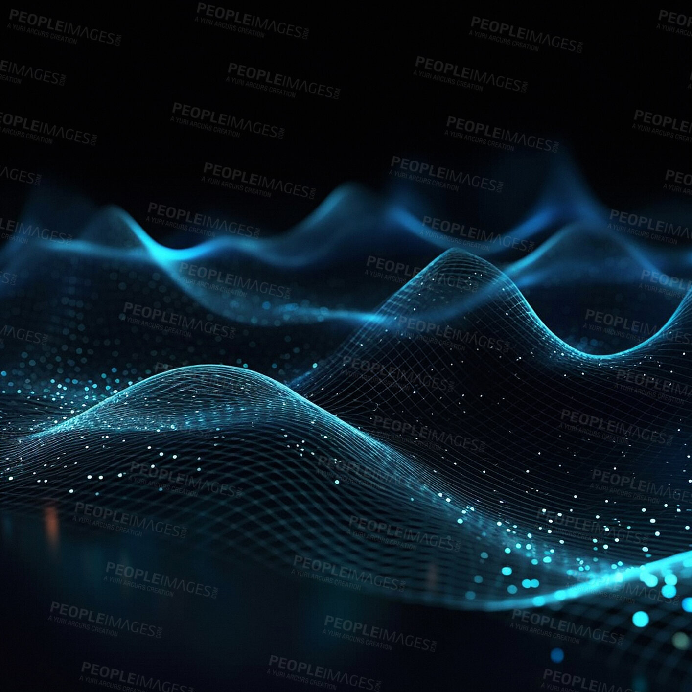 Buy stock photo Blue, waves and networking pattern on background for dynamic frequency and ai generation abstract