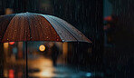 Rain, umbrella in city with water drops and space. Ai generated storm cover in urban street at night