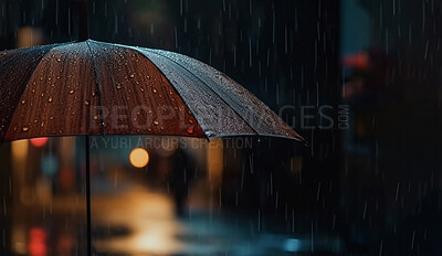 Rain, umbrella in city with water drops and space. Ai generated storm cover in urban street at night