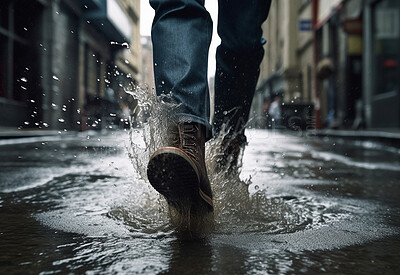 Rain, walking boots and and water splash in city street. Ai generated shoes of person in urban storm