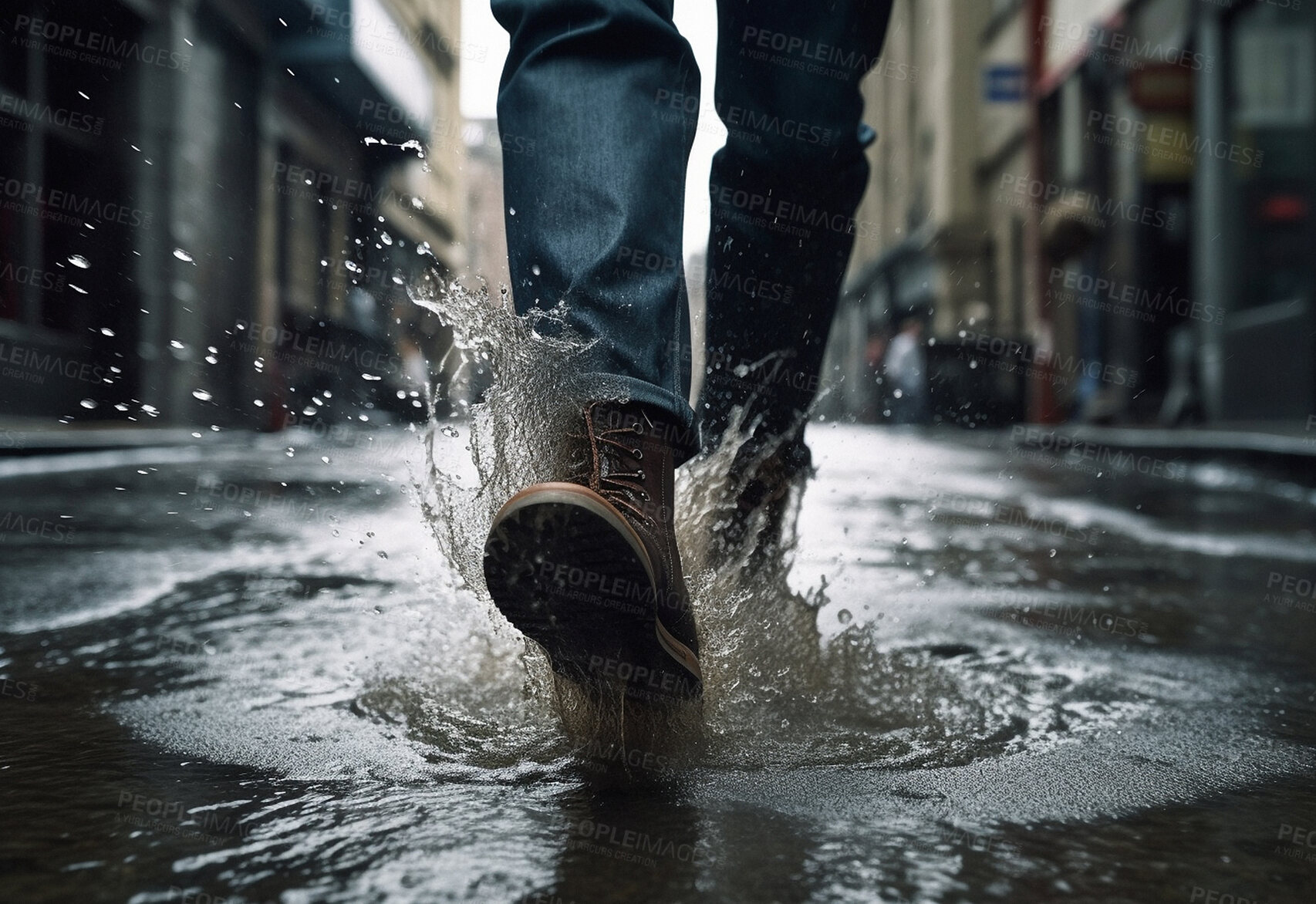 Buy stock photo Rain, walking boots and and water splash in city street. Ai generated shoes of person in urban storm