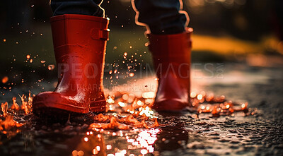 Rain, walking boots and and water splash in autumn street. Ai generated shoes of person in storm