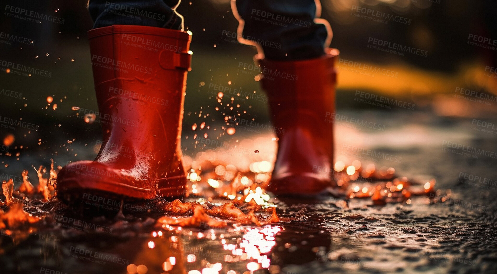 Buy stock photo Rain, walking boots and and water splash in autumn street. Ai generated shoes of person in storm