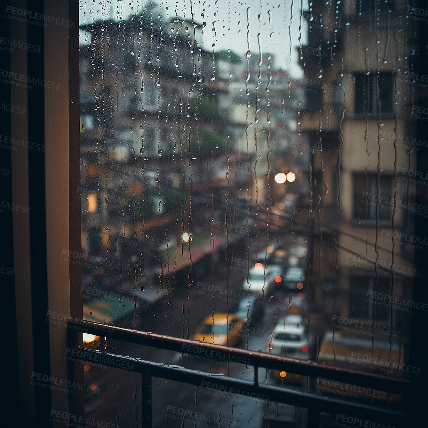 Buy stock photo Rain, window and water drops from city building view. Ai generated glass and storm in urban street