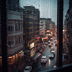 Rain, window and water drops from city building view. Ai generated glass and storm in urban street