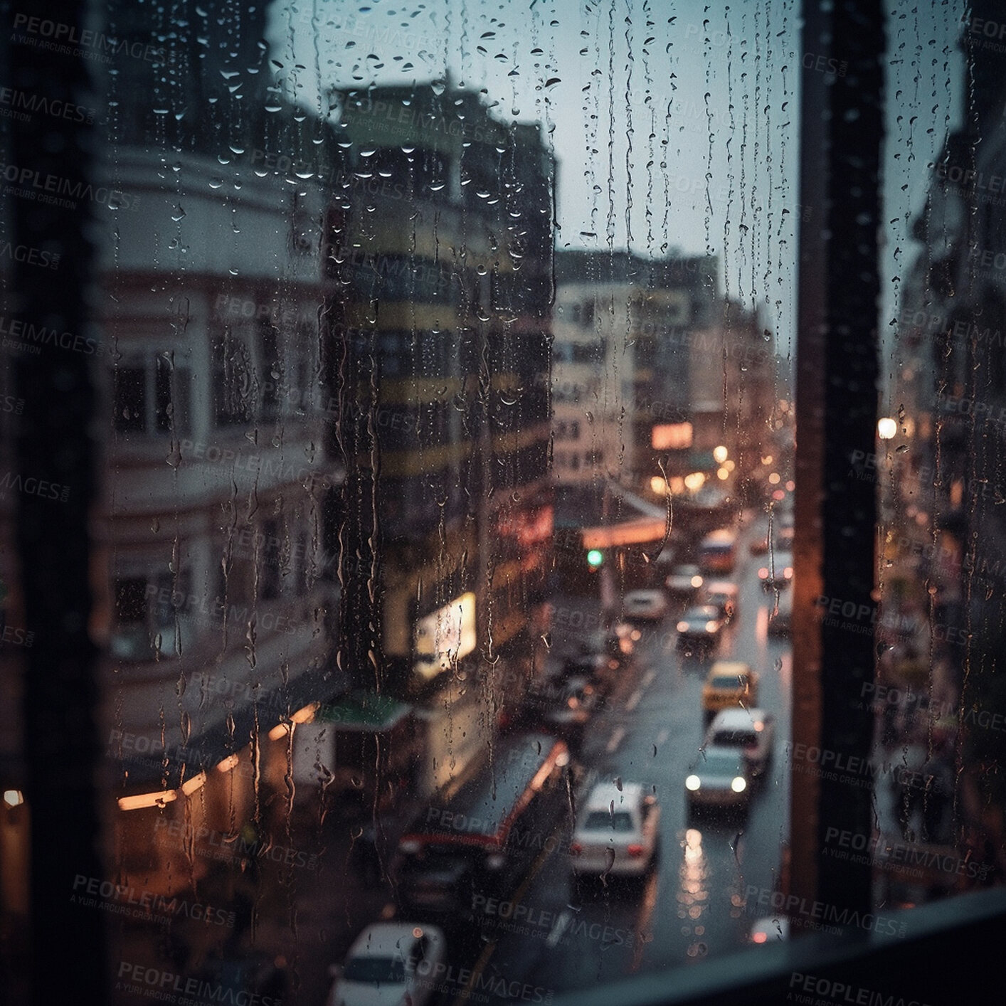 Buy stock photo Rain, window and water drops from city building view. Ai generated glass and storm in urban street