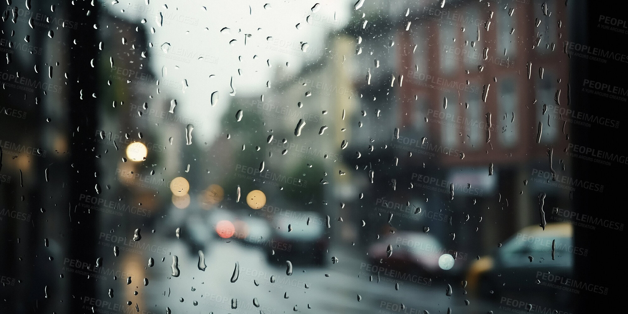 Buy stock photo Rain, window and water drops from city building view. Ai generated glass and storm in urban street