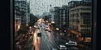 Rain, window and water drops from city building view. Ai generated glass and storm in urban street