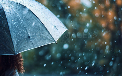 Rain, woman and umbrella for protection from water drops. Ai generated person with cover from storm
