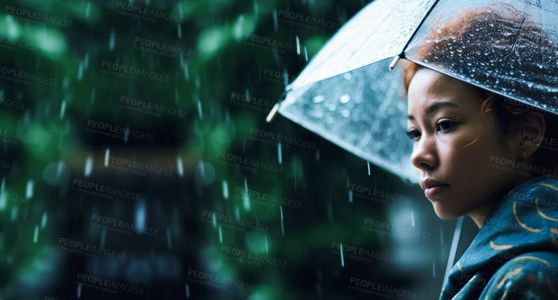 Buy stock photo Rain, sad woman and umbrella for water drops. Ai generated person with cover from depression