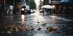 Rain, street and water on a dark city background. Ai generated road and storm on urban ground