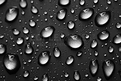 Rain, water drops and macro of clean liquid for ai generated sustainability on dark background