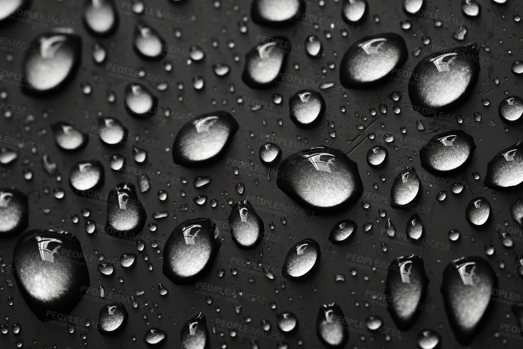 Buy stock photo Rain, water drops and macro of clean liquid for ai generated sustainability on dark background