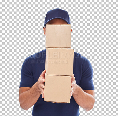 Delivery guy package, shipping boxes and export employee in stud