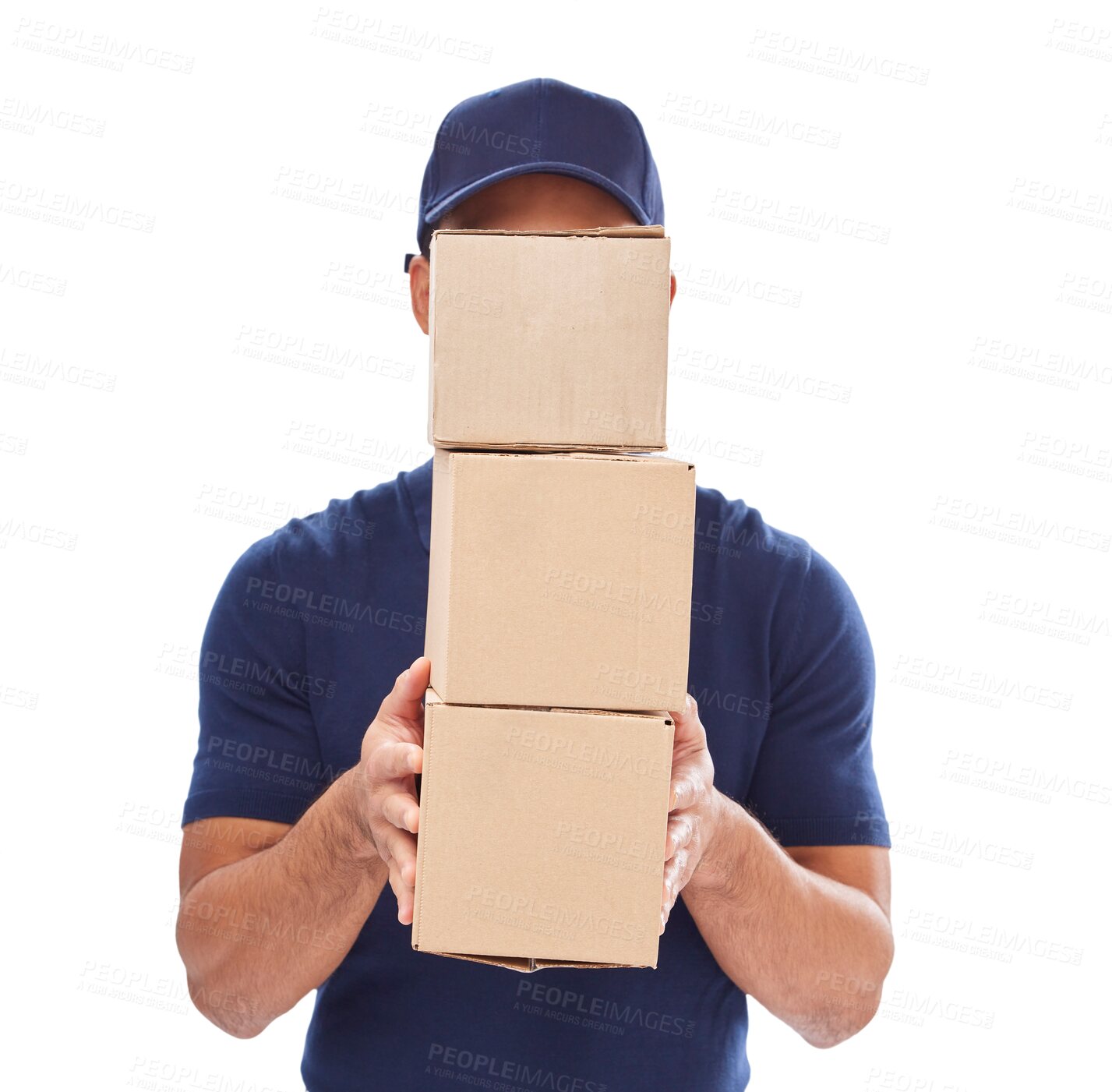 Buy stock photo Delivery guy package, boxes and export employee isolated on a transparent png background. Courier, supply chain and parcel logistics of a worker with distribution, ecommerce or mail services