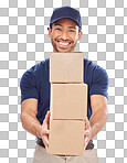 Delivery man, shipping boxes and portrait of a employee in studi