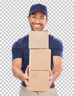 Buy stock photo Delivery man, portrait and shipping export with boxes, happiness and employee isolated on a transparent background. Male person, courier and happy with logistics, service and supply chain with png