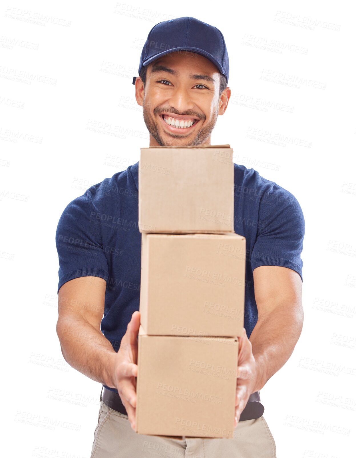 Buy stock photo Delivery man, portrait and shipping export with boxes, happiness and employee isolated on a transparent background. Male person, courier and happy with logistics, service and supply chain with png
