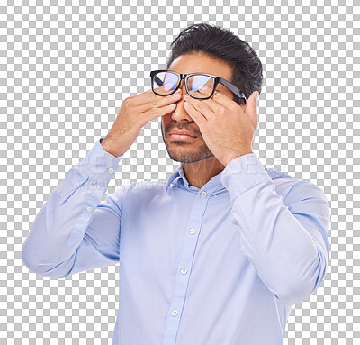 Buy stock photo Stress, fatigue and man with glasses and headache on isolated, PNG and transparent background. Vision, prescription frame and male person rub eyes with hands for migraine, eyesight problem or anxiety