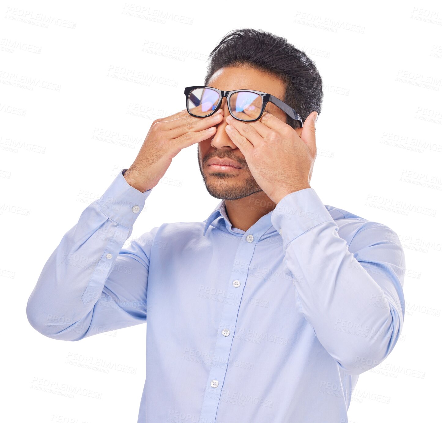 Buy stock photo Stress, fatigue and man with glasses and headache on isolated, PNG and transparent background. Vision, prescription frame and male person rub eyes with hands for migraine, eyesight problem or anxiety