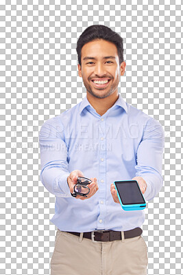 Buy stock photo Payment, glasses and retail with portrait of man on png for shopping, optometry or healthcare. Ophthalmology, offer and vision with person isolated on transparent background for medical and eyewear