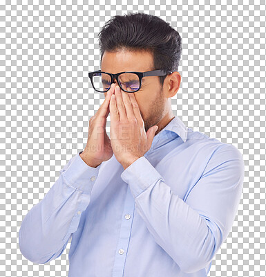 Buy stock photo Stress, fatigue and man with glasses and tired on isolated, PNG and transparent background. Vision, prescription lens and male person rub eyes with hands for migraine, eyesight problem and headache