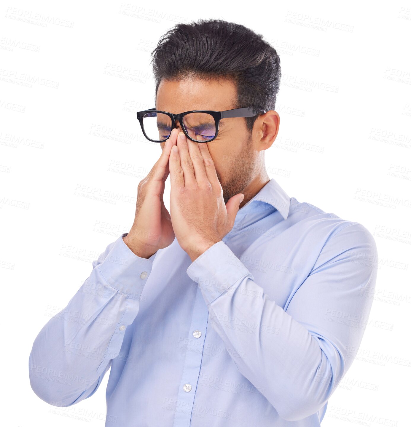 Buy stock photo Stress, fatigue and man with glasses and tired on isolated, PNG and transparent background. Vision, prescription lens and male person rub eyes with hands for migraine, eyesight problem and headache