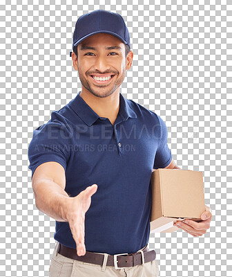 Box, portrait smile and delivery man with handshake in studio is